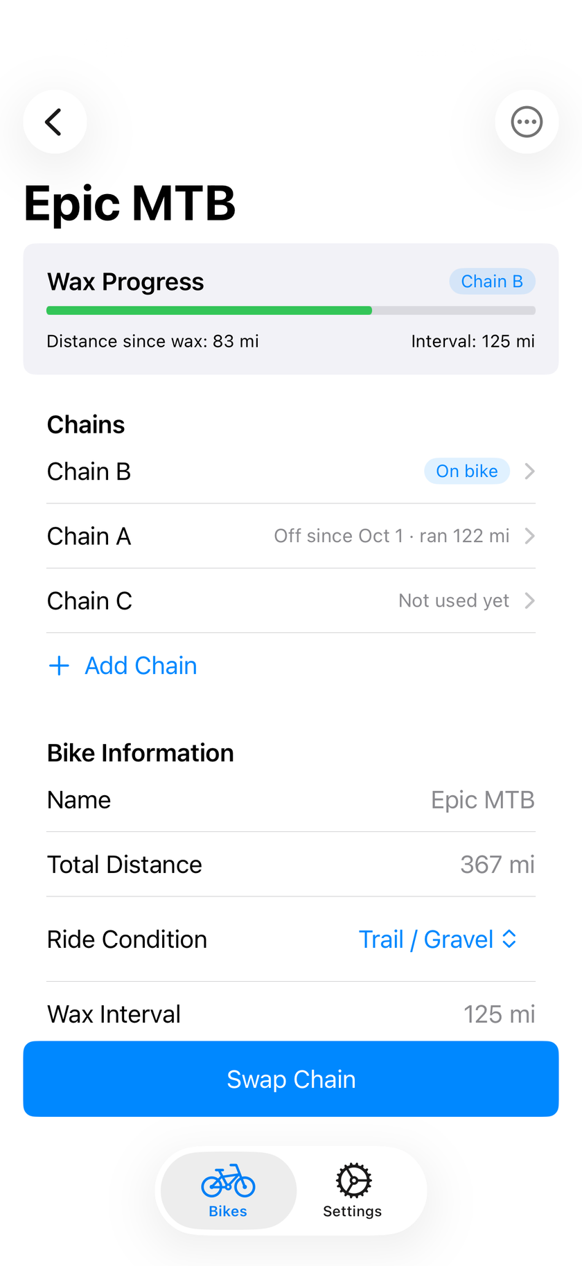 Chain Wax bike detail with three chains in rotation and the Swap Chain button