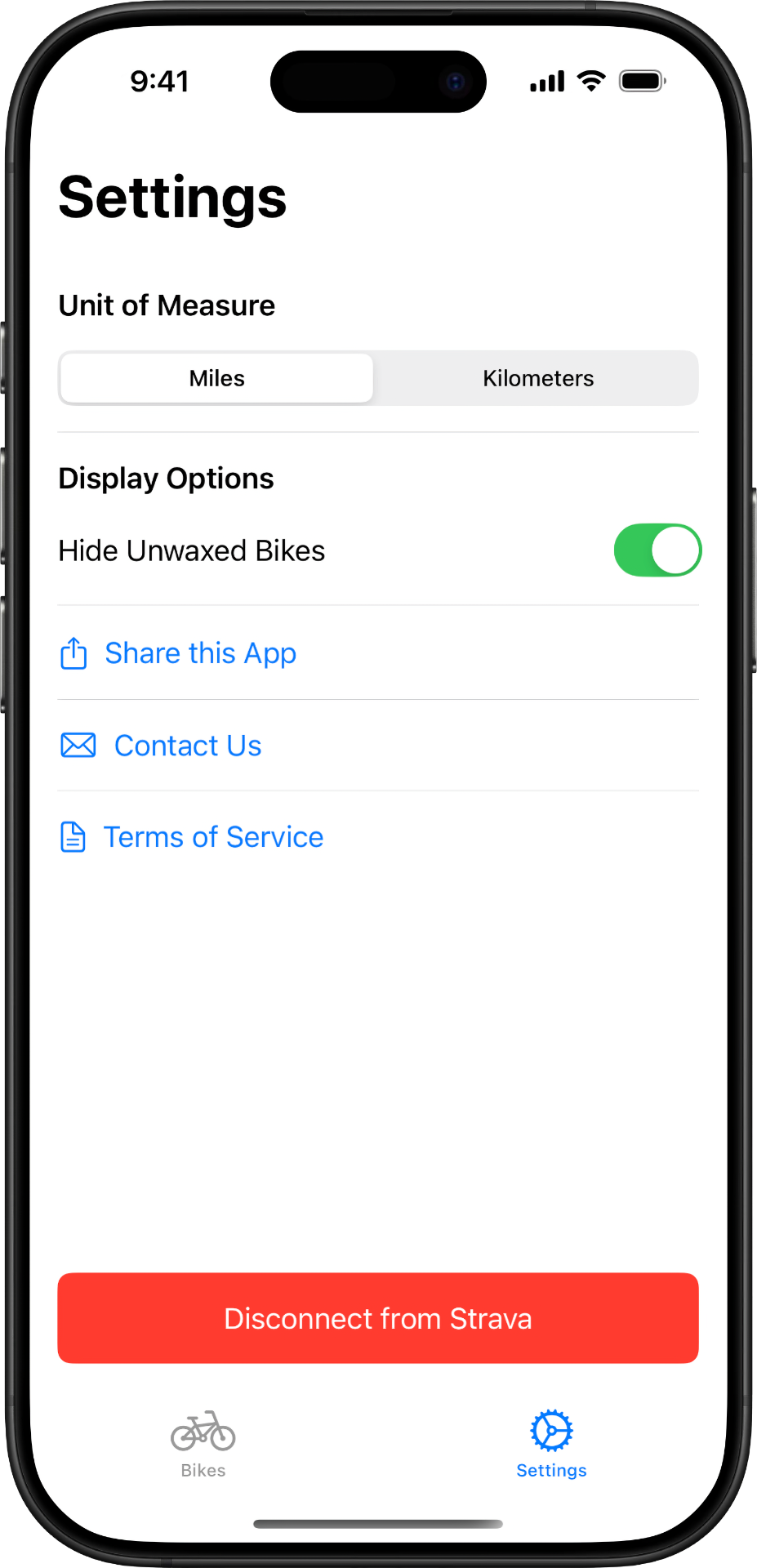 Chain Wax App - Settings screen with units of measure